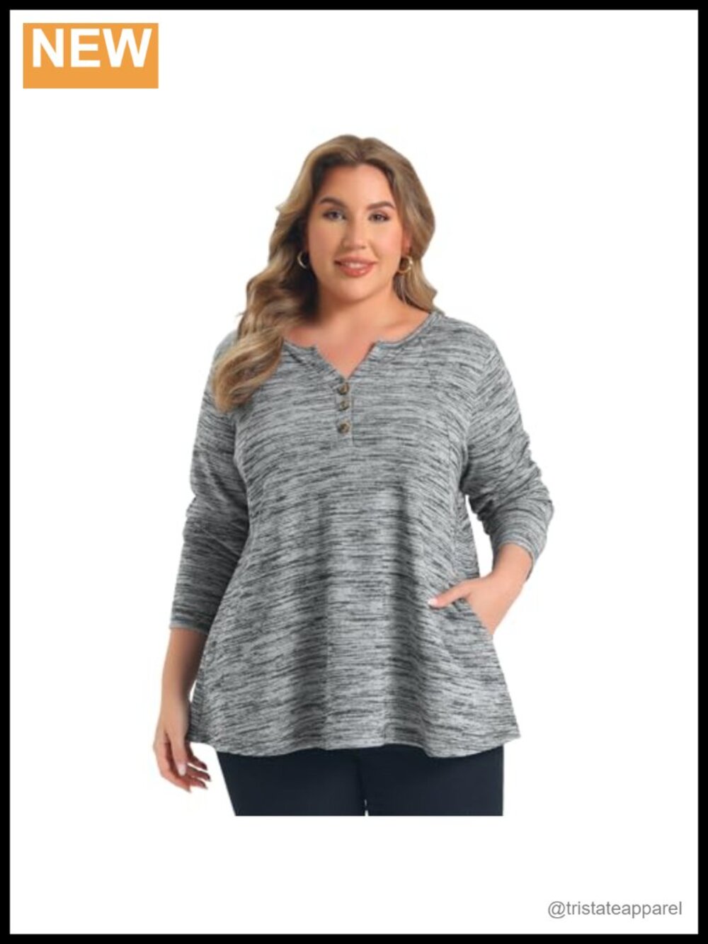 Plus Size Notch Neck Knit Blouse with Pockets - Long Sleeve